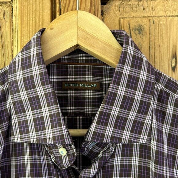 Men's Peter Millar Large Purple & Brown Plaid Long Sleeve Button Front Shirt - Picture 5 of 12